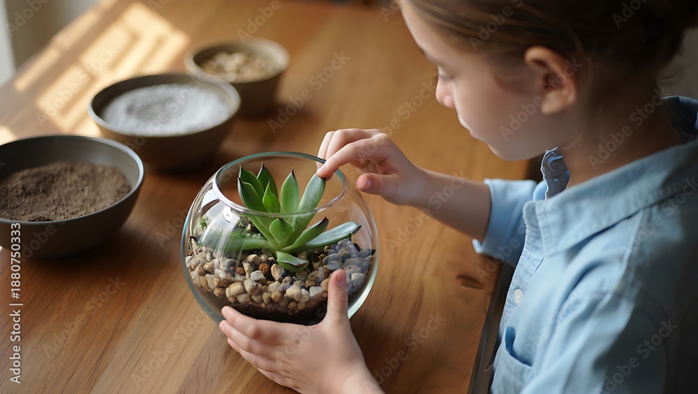 Fototapeta premium Child Carefully Planting Succulent in Glass Terrarium