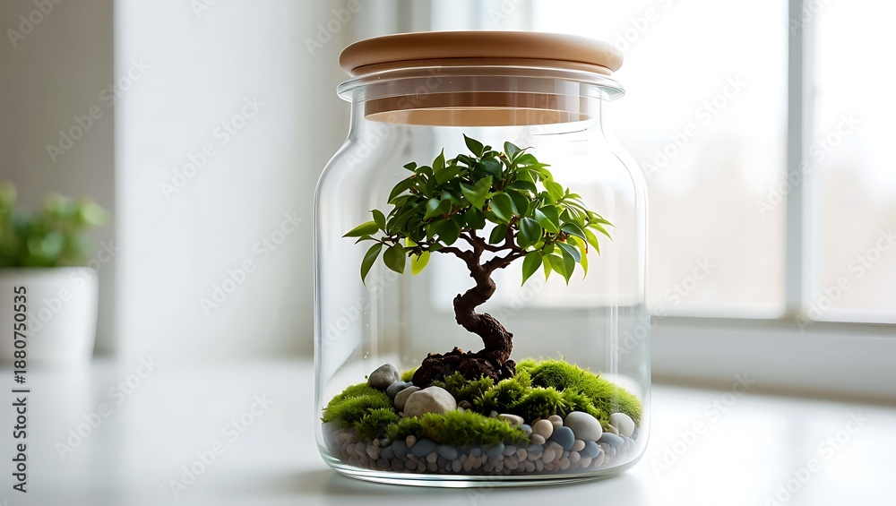 Obraz premium Miniature Bonsai Tree in Glass Jar with Moss and Stones