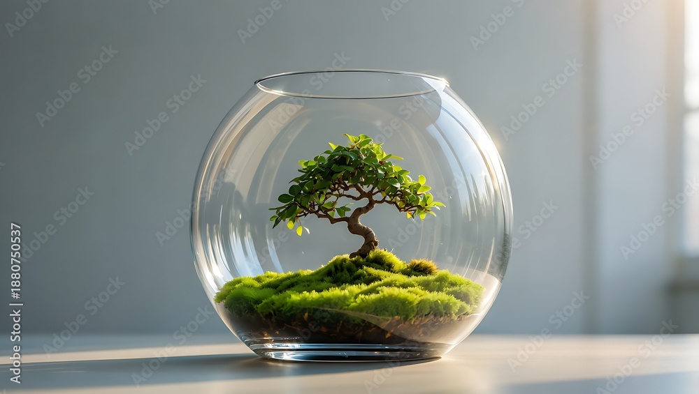 Obraz premium Miniature Bonsai Tree in Glass Terrarium Decoration