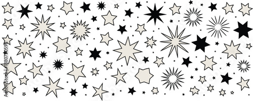 A stellar explosion of diverse stars, ranging from sharp points to circular bursts, in black and light beige hues, creating a dynamic and whimsical backdrop
