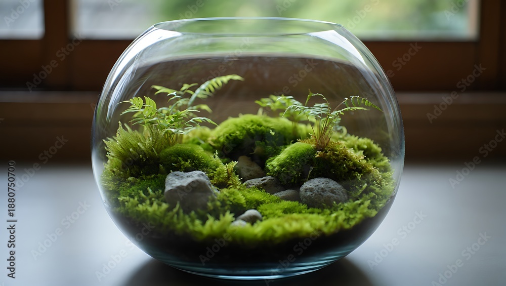 Fototapeta premium Miniature Terrarium with Ferns and Moss in Glass Bowl