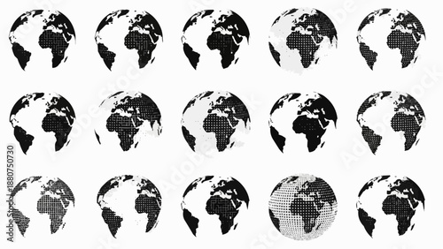 Black and white globe icons set with halftone effect on white background