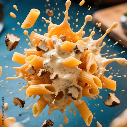 4k high quality Ai generative HD photo realistic background tasty yum food exploding chef cooking blast pasta mushroom cheese melt gourmet spaghetti penne fusilli sauce spaghetti truffle carbonara