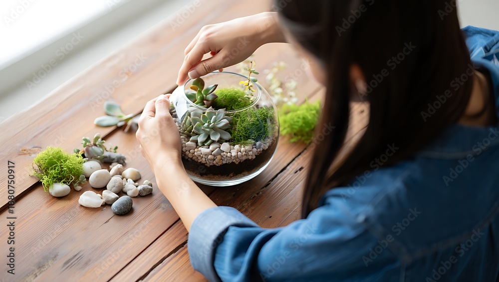 Fototapeta premium Person Arranging Succulents in Glass Terrarium
