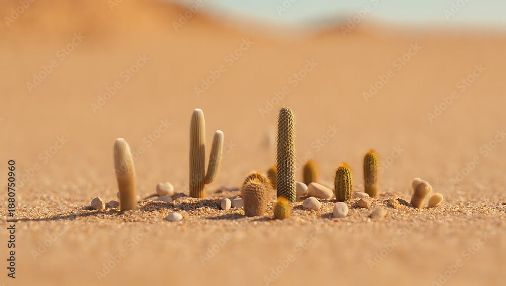 Obraz premium Small Cacti in Desert Sand with Rocks and Stones