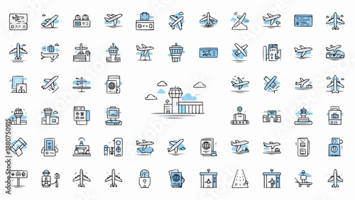 Collection of industrial and transportation icons with buildings and vehicles