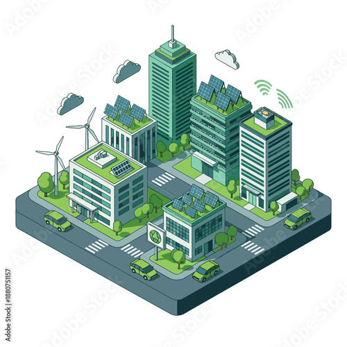 Isometric vector city illustration showing buildings, streets, houses, trees, and urban architecture in a clean modern style
