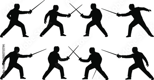 Fencing silhouette collection, athletes practicing sword combat, duel fighting poses, martial arts swordplay illustration set, training action stance artwork