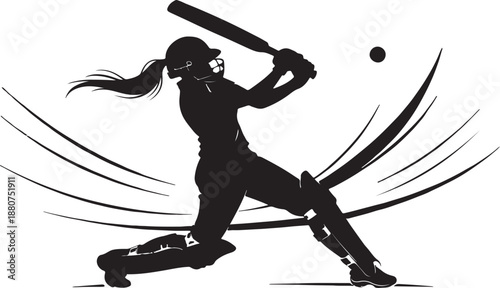 Female cricket player illustration in action with bat and ball