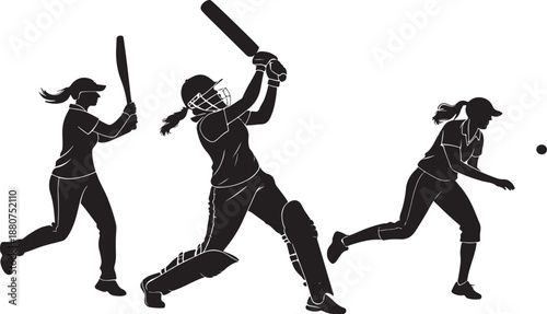 Female cricket players illustration with various actions and poses