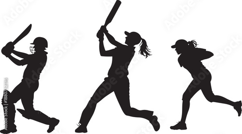 Female cricket players illustration with various actions and poses