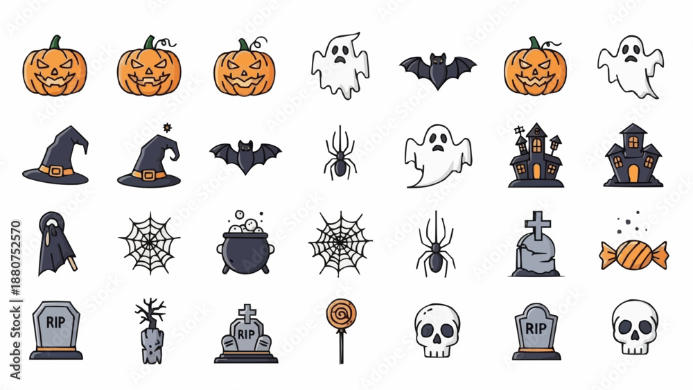 Obraz premium Halloween icons set with pumpkins ghosts bats spiders and skeletons on white background