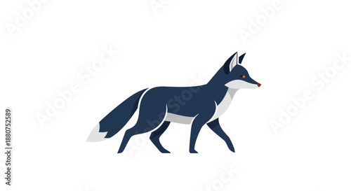 Elegant digital illustration of a mysterious dark blue fox with captivating red eyes, captured in a graceful walking posture, embodying a wild and free spirit for diverse creative projects