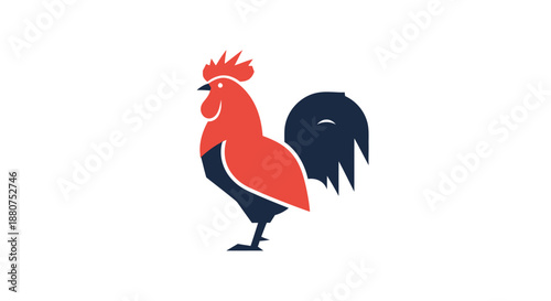 Vibrant and stylized rooster illustration in a modern flat design, featuring a red comb and blue feathers. Ideal for farm, food, and poultry branding or icons