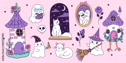 Fairy cottage aesthetic. Cozy magical forest houses and their inhabitants - cute ghosts and cat.