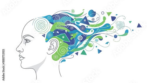 Creative thought process illustration of a person's mind with abstract shapes and swirling patterns