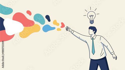 Man with lightbulb idea throwing colorful shapes from hand in creative illustration
