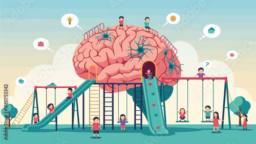 Children play on a giant brain shaped playground equipment in a vibrant outdoor setting from a distant viewpoint