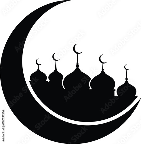Vector Silhouette Illustration of a Mosque Skyline with Multiple Domes and Crescent Moon Finials Nestled Inside a Large Crescent Moon for Islamic Holiday Design