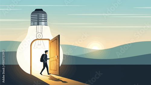 Man walking through a giant lightbulb doorway into a serene landscape at sunrise