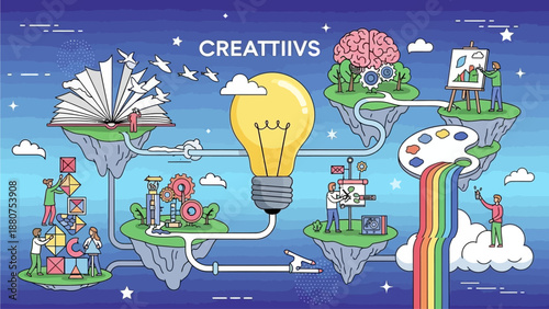 Creative ideas floating on islands in the sky with people engaging in various artistic activities from different viewpoints