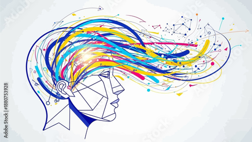 Vibrant illustration of a person's profile with colorful streamlines and geometric shapes, symbolizing creativity and innovation from a side viewpoint
