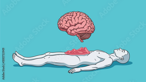 Man lying on back with brain floating above body illustration