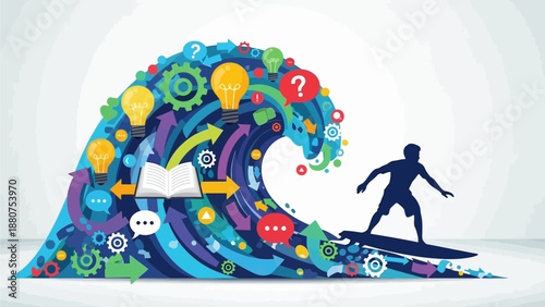 Surfer riding a wave of creative ideas and technology symbols in a vibrant ocean scene from a distant viewpoint