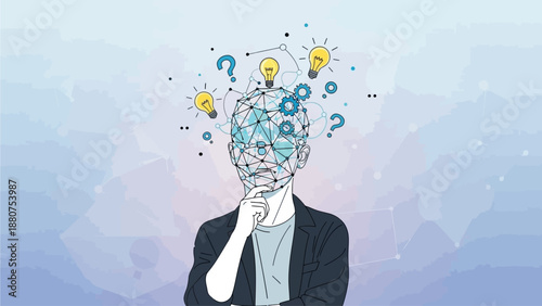 Man in suit contemplating ideas with lightbulbs and question marks surrounding his head in a thoughtful pose