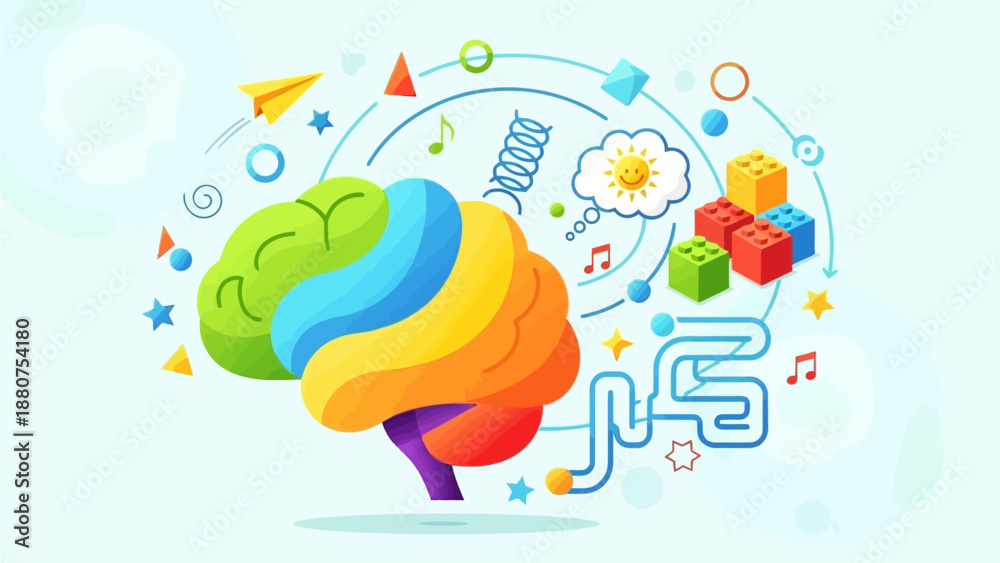 Fototapeta premium Vibrant brain illustration surrounded by creative symbols and icons in a dynamic and imaginative environment from a straightforward viewpoint