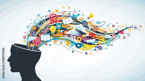 Creative thinking illustration of a person's head with colorful abstract shapes and objects emerging from it, symbolizing imagination