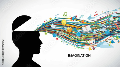 Creative imagination flowing from a person's mind with vibrant ideas and thoughts escaping through colorful streams