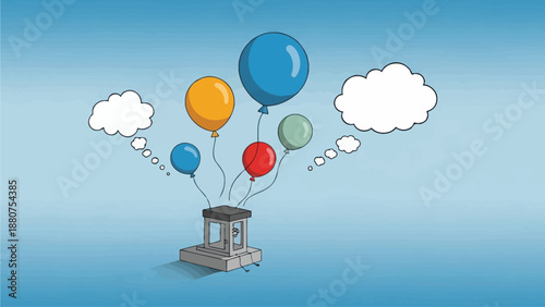 Colorful balloons lifting a small table into the air with thought bubbles around them in a serene blue environment from a straightforward viewpoint
