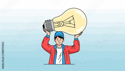 Man holding giant lightbulb above his head in illustration style