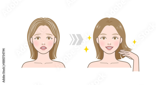 Cartoon-style before-and-after hair transformation with frizzy and smooth styles, sparkles, and arrows.