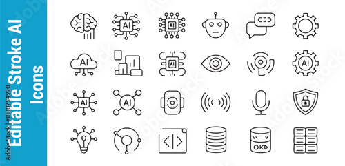 Set of editable stroke artificial intelligence icons symbolizing big data processing innovation and robotic technology development