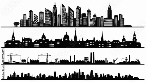 City skylines in various stages of development and architecture styles