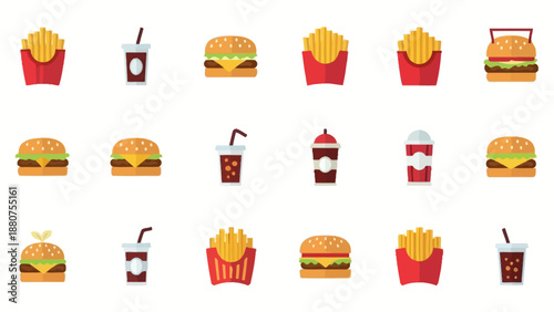 Fast Food Icons Featuring Burgers Fries Drinks.