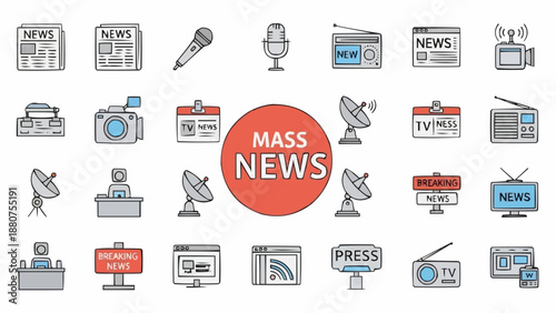 Mass news icons set with media symbols and press illustrations