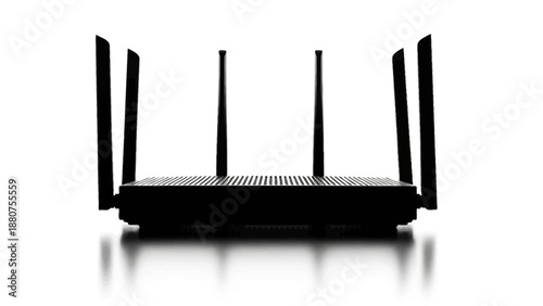 Modern wireless router with multiple antennas casting a shadow.
