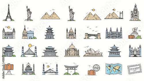 Collection of iconic landmarks and travel symbols in illustrations