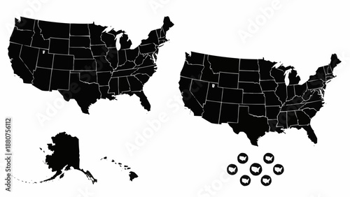 Black outlined maps of usa states on white background with alaska and hawaii