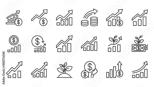 Financial Growth Icons Set Line Art Style.