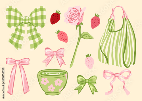 hand drawn Sweet Pink and Green Cottagecore Bow and Springtime Vector set