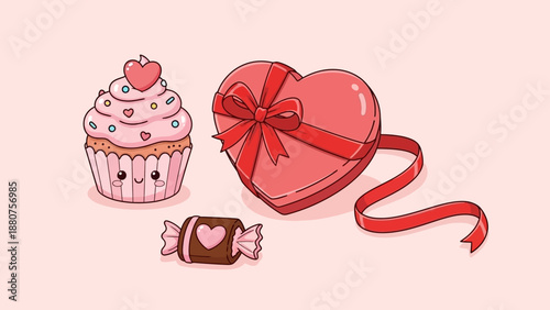 Cute Valentine's Day Treats: Cupcake, Chocolate Box, and Candy on Pink Background