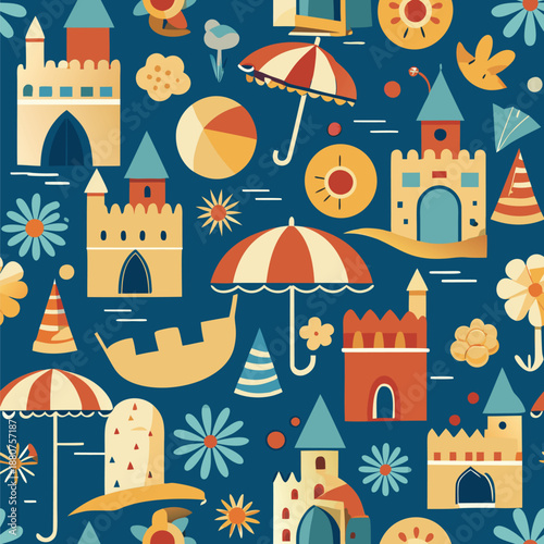 Seamless sandcastle and beach toy pattern. ideal for kids’ merchandise or summer ads.