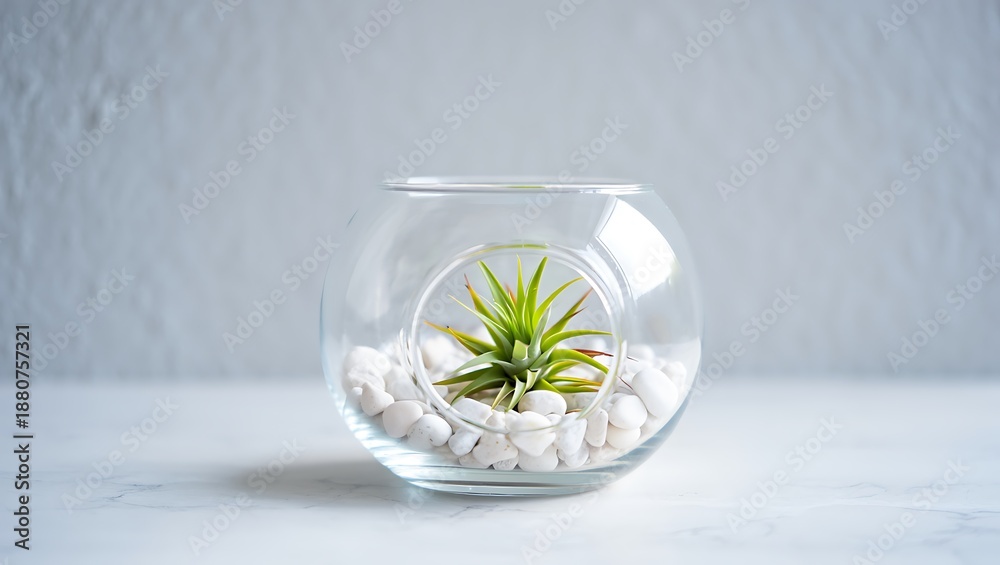 Fototapeta premium Small Air Plant in Glass Terrarium with White Stones