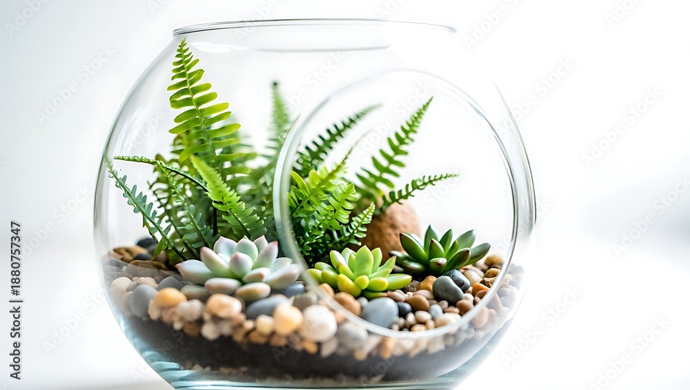 Naklejka premium Beautiful Indoor Succulent and Fern Terrarium in Glass Bowl