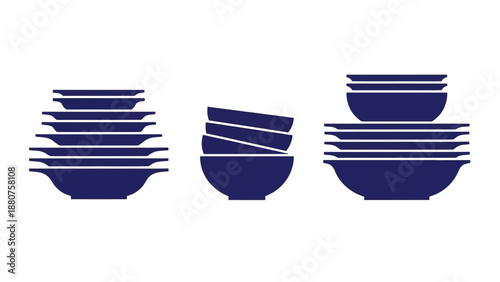 stacked dishes icon set illustrating clean kitchen essentials and organized dinnerware for restaurant supplies and household storage concepts