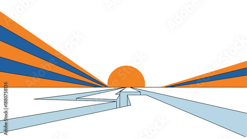 abstract geometric sunrise landscape with fractured ice creating a path towards a vibrant horizon illustrating concepts of new beginnings and environmental change.